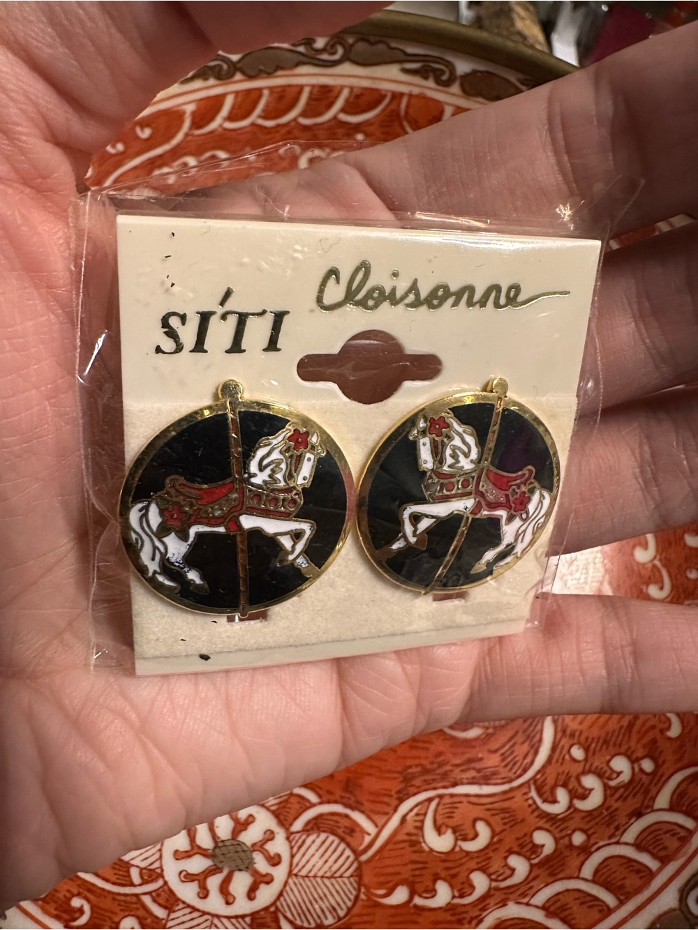 Vintage Cloisonné 22k Gold Plated Black & Gold Carousel Horse Clip on Earrings